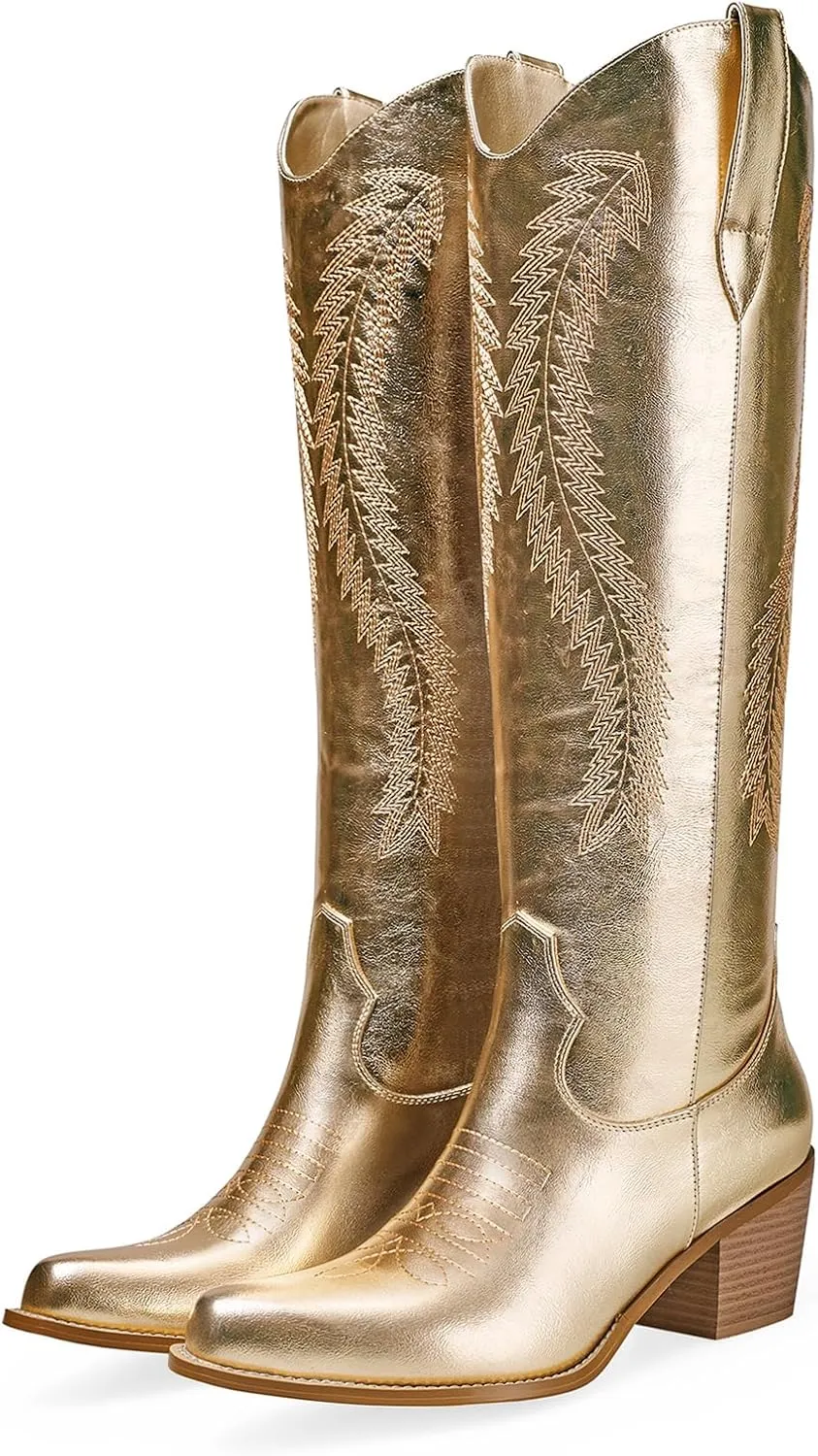 RKQ Women's Metallic Cowboy Boots Sparkle Knee High Cowgirl Boots Embroidered Western Wide Calf Boots with Pull on Tabs Pointed Toe Stacked Chunky Heel for Party Wedding Casual
