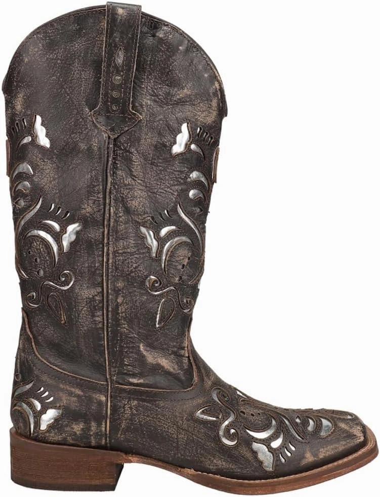 ROPER Womens Belle Metallic Tooled Inlay Square Toe Casual Boots Mid Calf Low Heel 1-2" - Black