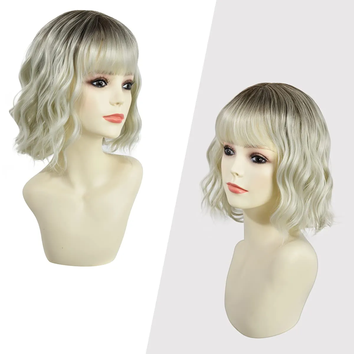 Rose bud Wavy Bob Wig with Bangs Natural Ombre Platinum Blonde Costume Wigs for Women Cosplay Party Halloween