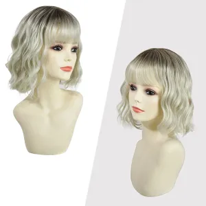 Rose bud Wavy Bob Wig with Bangs Natural Ombre Platinum Blonde Costume Wigs for Women Cosplay Party Halloween