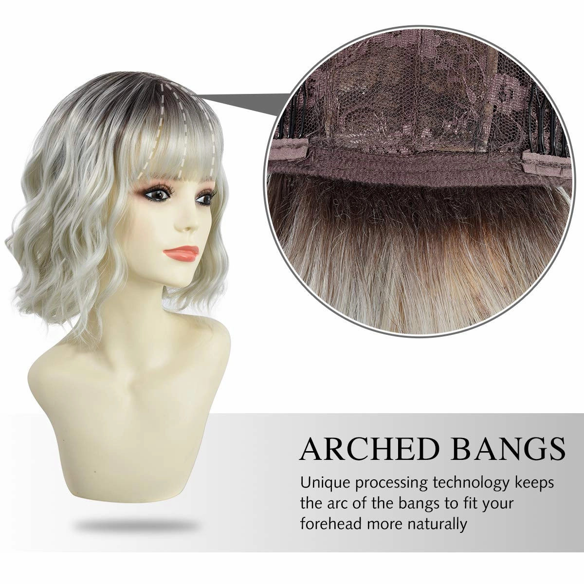Rose bud Wavy Bob Wig with Bangs Natural Black to Silver Wig Synthetic Hair Shoulder Length Short Hair Curly Wigs for Women