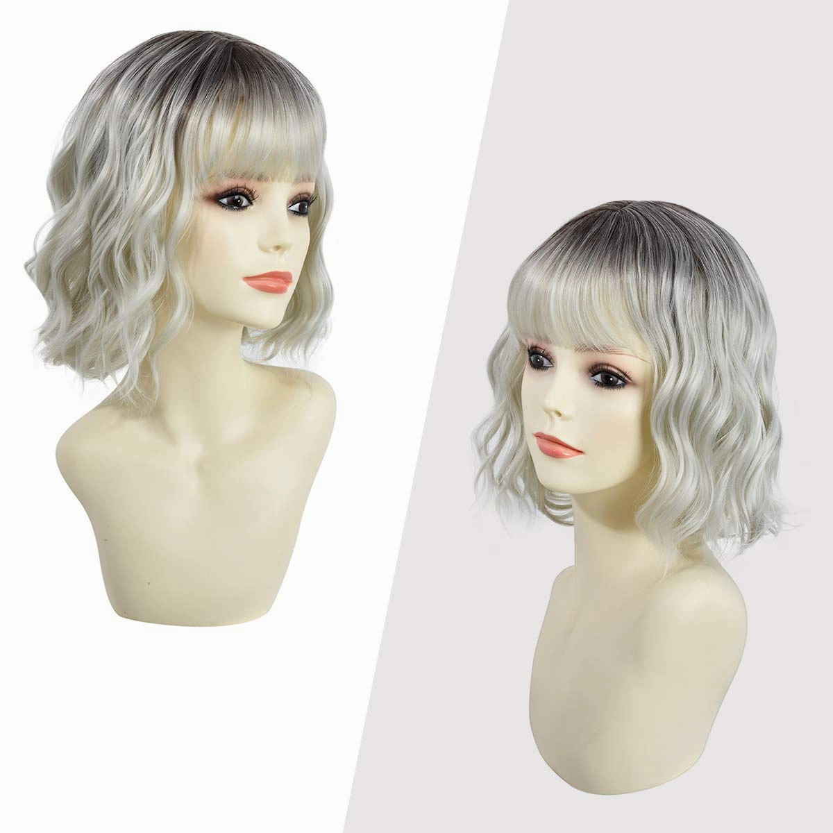 Rose bud Wavy Bob Wig with Bangs Natural Black to Silver Wig Synthetic Hair Shoulder Length Short Hair Curly Wigs for Women
