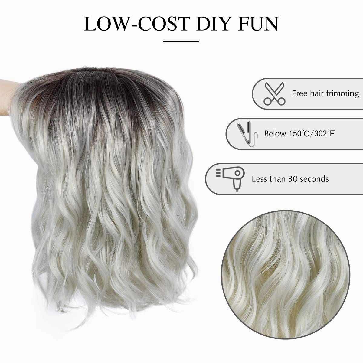 Rose bud Wavy Bob Wig with Bangs Natural Black to Silver Wig Synthetic Hair Shoulder Length Short Hair Curly Wigs for Women