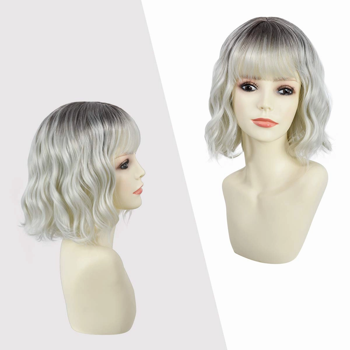 Rose bud Wavy Bob Wig with Bangs Natural Black to Silver Wig Synthetic Hair Shoulder Length Short Hair Curly Wigs for Women