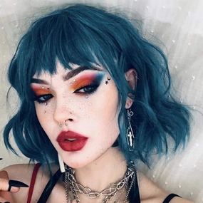 Rose bud Wavy Bob Wig with Bangs Natural Blue Wig Synthetic Hair Shoulder Length Short Curly Wigs for Women