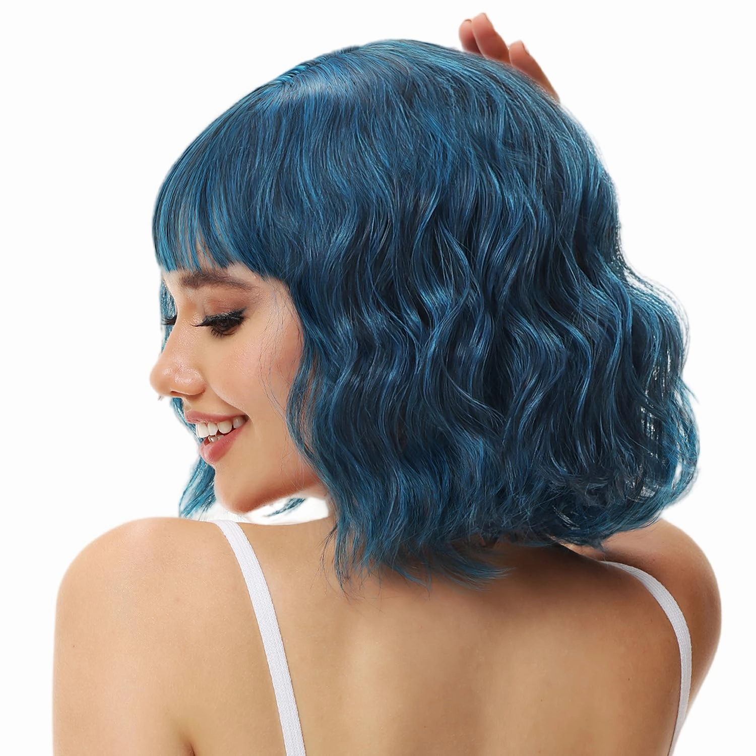 Rose bud Wavy Bob Wig with Bangs Natural Blue Wig Synthetic Hair Shoulder Length Short Curly Wigs for Women