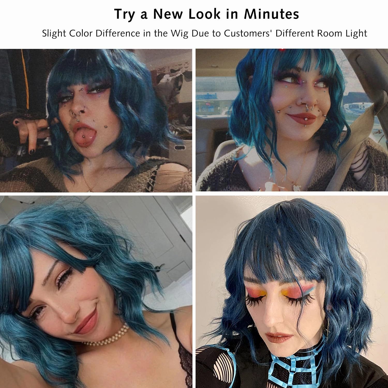Rose bud Wavy Bob Wig with Bangs Natural Blue Wig Synthetic Hair Shoulder Length Short Curly Wigs for Women