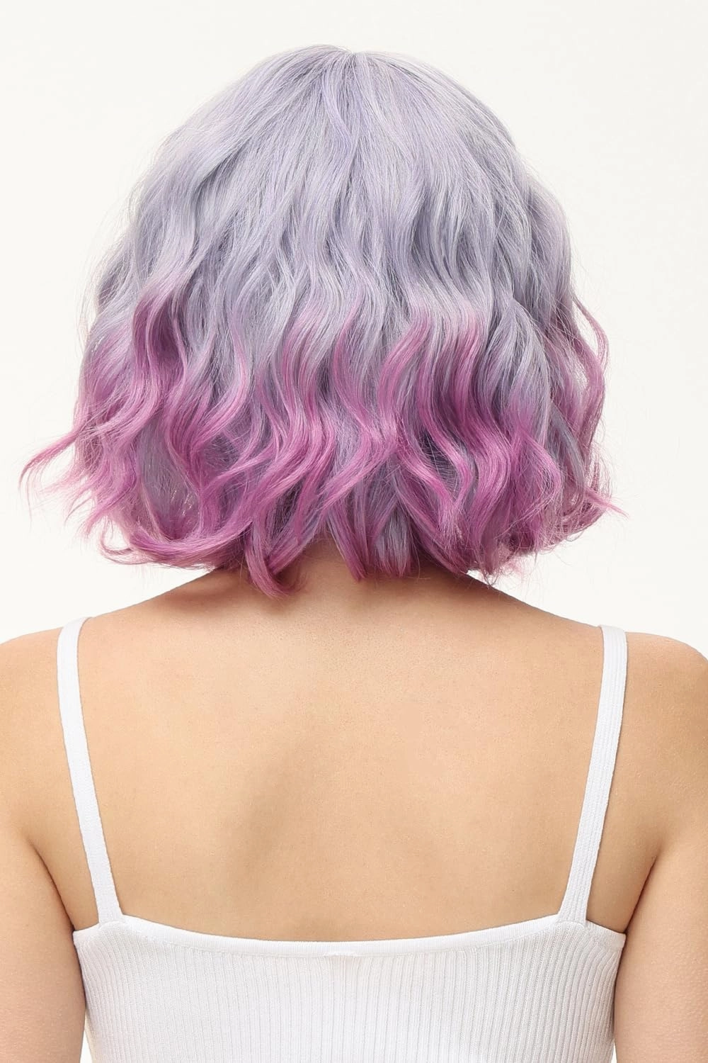Rose bud Wavy Bob Wig with Bangs Natural Light Purple to Rose Wig Synthetic Hair Shoulder Length Short Curly Wigs for Women