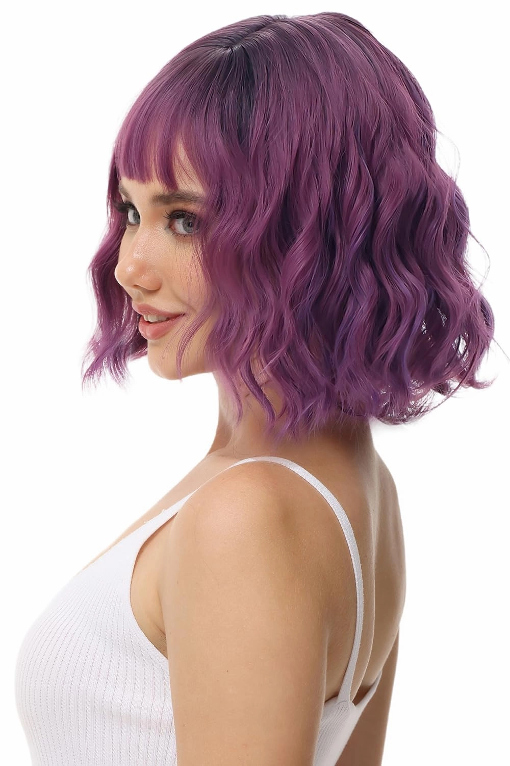 Rose bud Wavy Bob Wig with Bangs Natural Ombre Purple Wig Synthetic Hair Shoulder Length Short Curly Wigs for Women