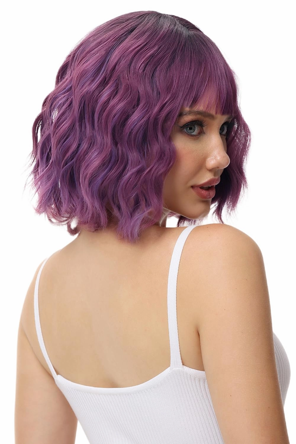 Rose bud Wavy Bob Wig with Bangs Natural Ombre Purple Wig Synthetic Hair Shoulder Length Short Curly Wigs for Women