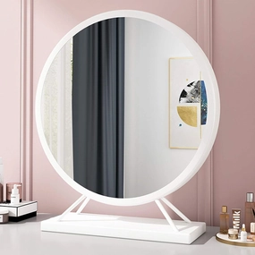 Round Mirror with Base - Modern Metal Frame Standing Mirror for Dressing Table Decor. Large Circle Mirrors for Bathroom, Bedroom, Living Room - Vanity Mirror Wall Shelf.,White30cm