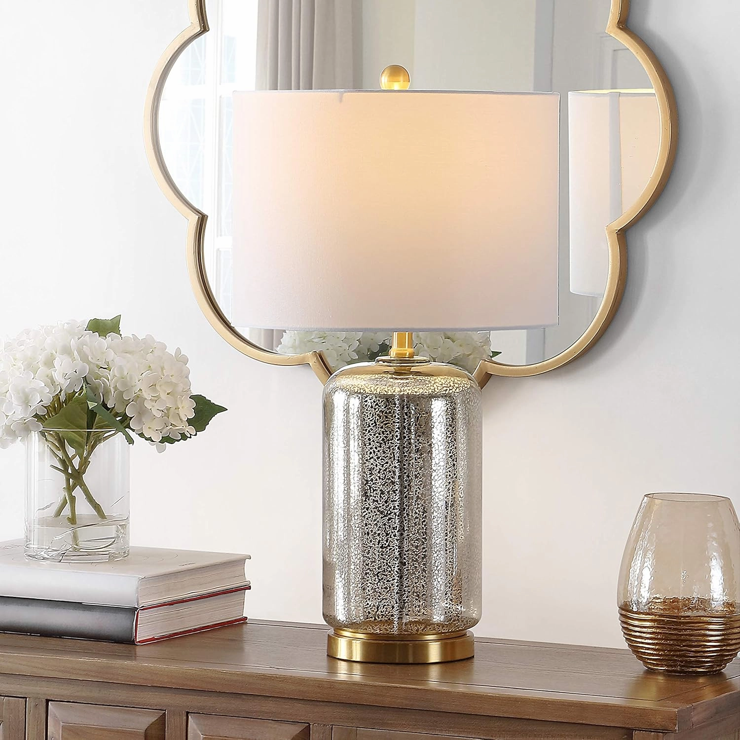 SAFAVIEH Lighting Collection Novah Silver Glass 26-inch Bedroom Living Room Home Office Desk Nightstand Table Lamp (LED Bulb Included)