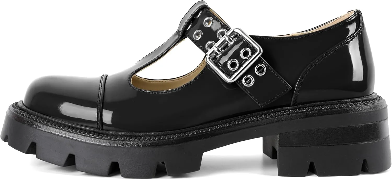 SAMMITOP Women's Mary Jane Shoes Platform Lug Sole Low Heel Chunky Pumps Round Toe Oxfords Shoes Kawaii Punk Goth Uniform Dress Shoes 2 Inches