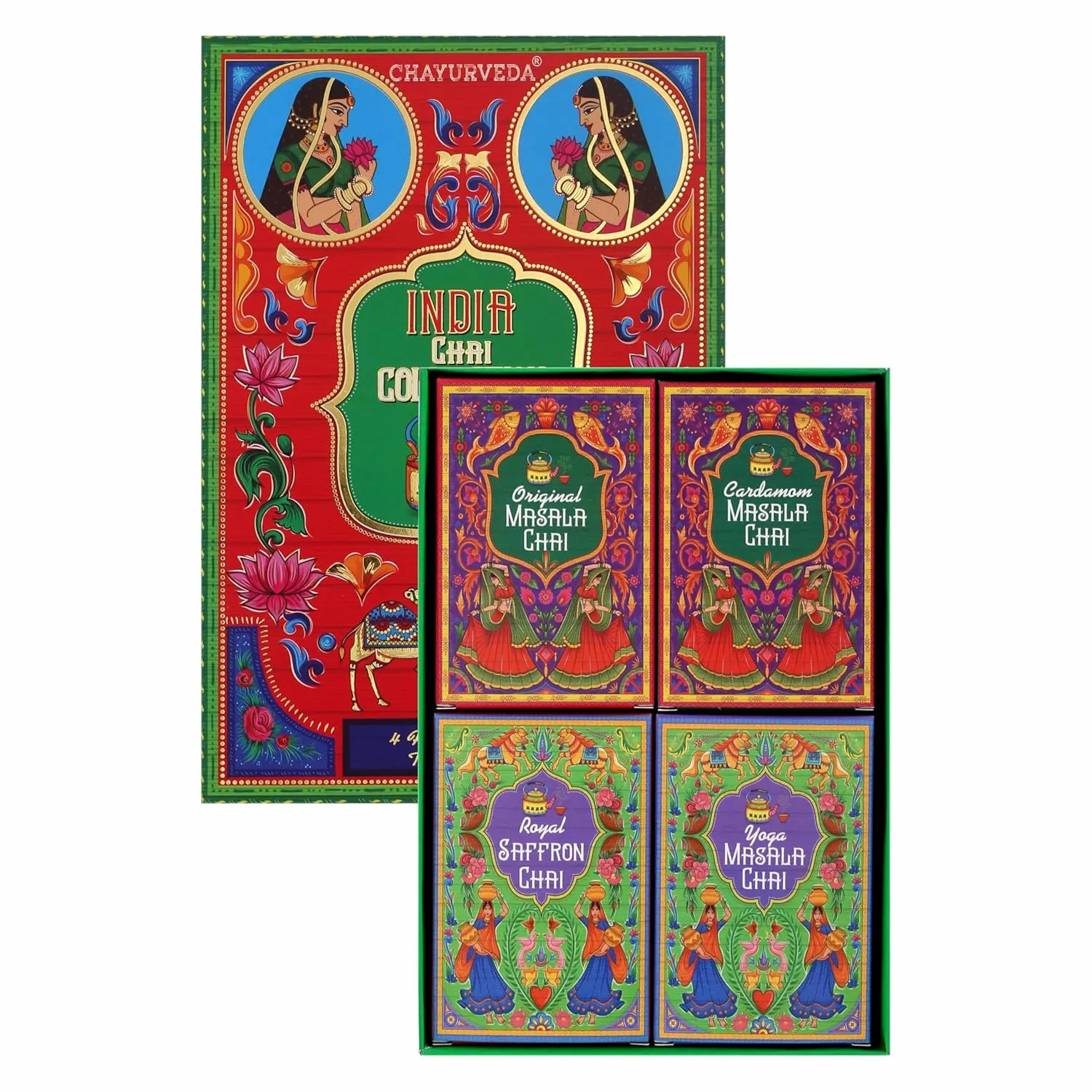 Sancha Tea Boutique, India Chai Collection, Indian Assorted Chai Teas, Cardamom/Ginger/Tulsi/Saffron Flavours, Chai Variety Pack, 50gx4 Loose Leaves