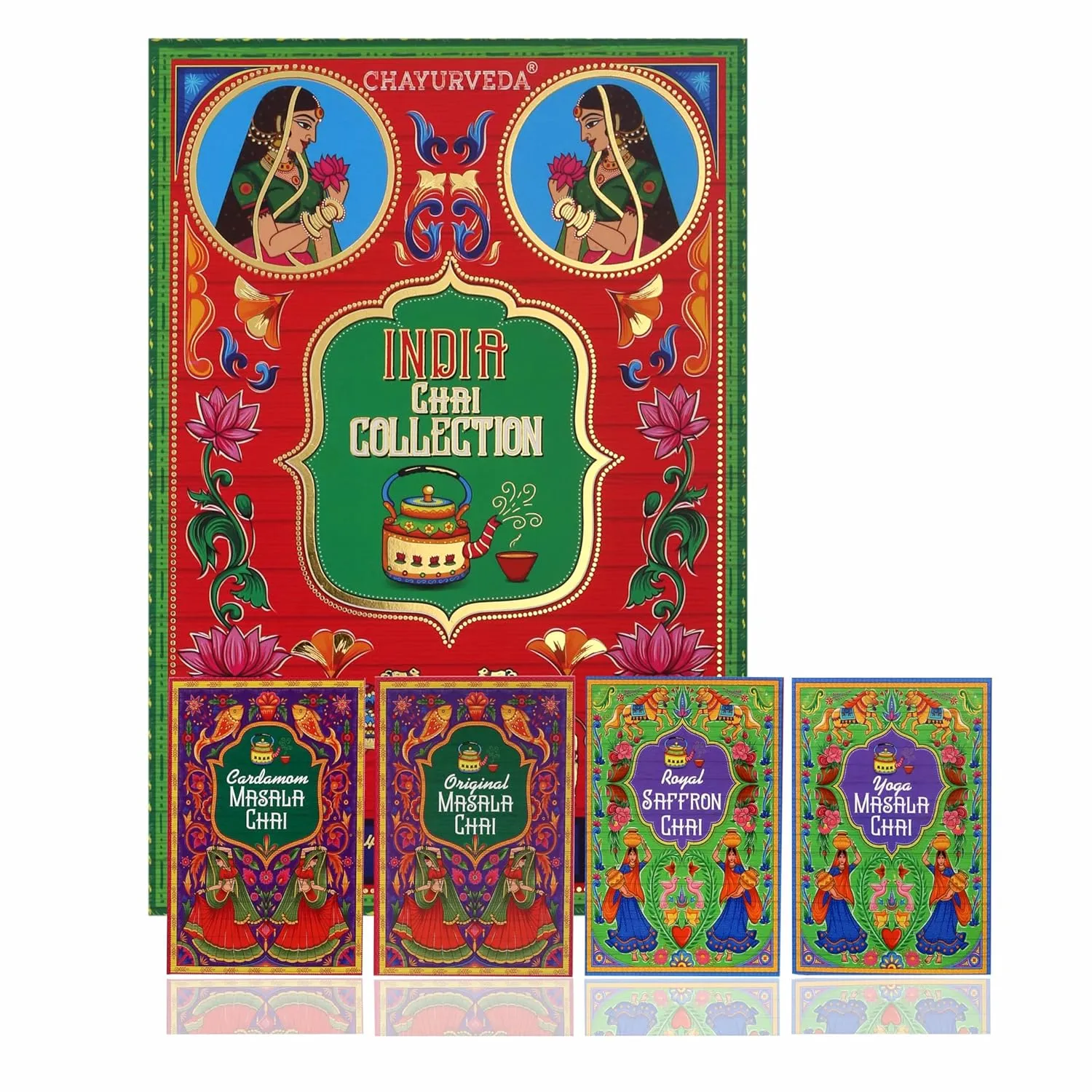 Sancha Tea Boutique, India Chai Collection, Indian Assorted Chai Teas, Cardamom/Ginger/Tulsi/Saffron Flavours, Chai Variety Pack, 50gx4 Loose Leaves