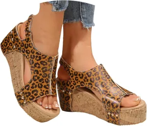 Sandals for Women 2025 Dressy Leopard Printed Wedge Sandal Women's Back Strap Open Toes Rivet Platform Wedges Heels