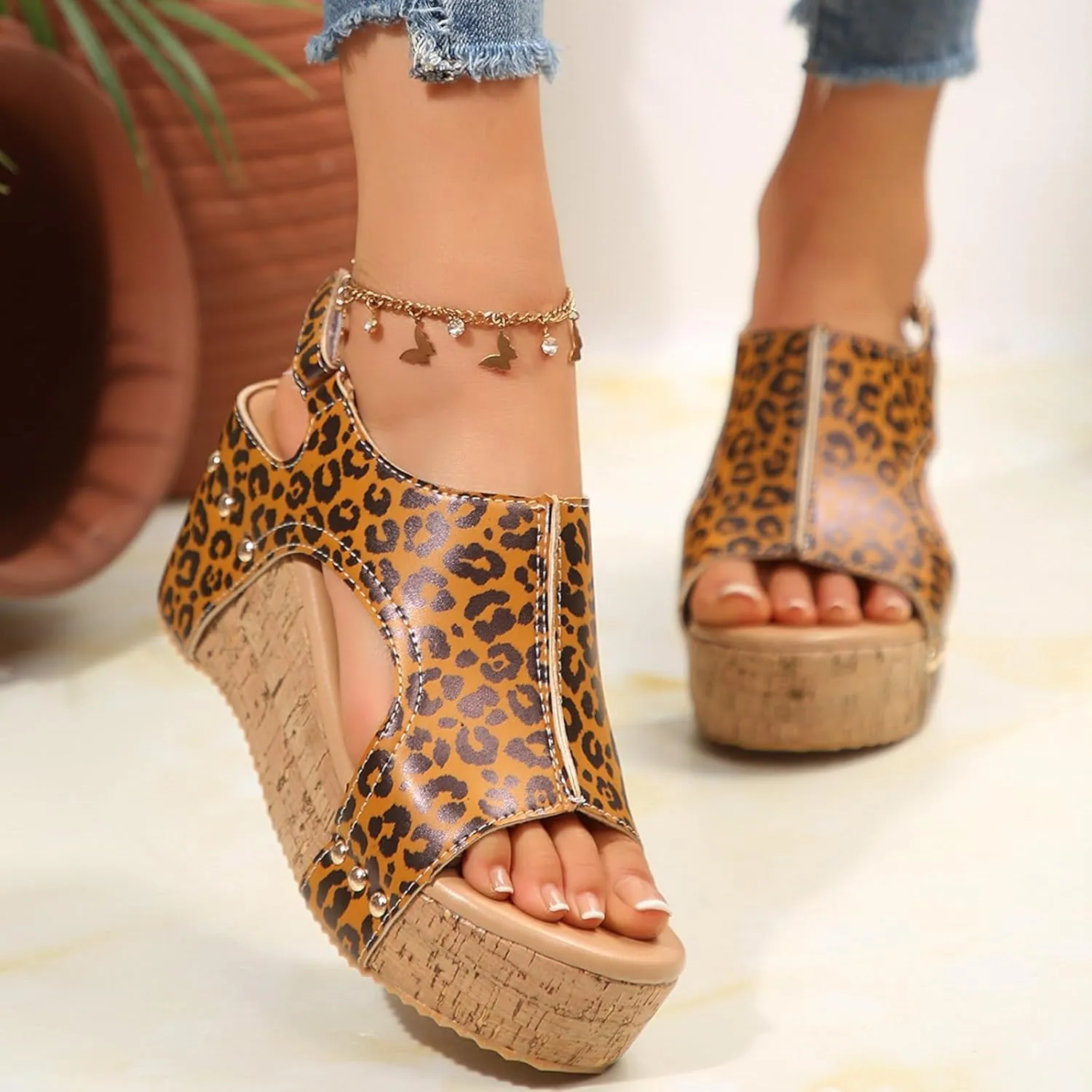 Sandals for Women 2025 Dressy Leopard Printed Wedge Sandal Women's Back Strap Open Toes Rivet Platform Wedges Heels