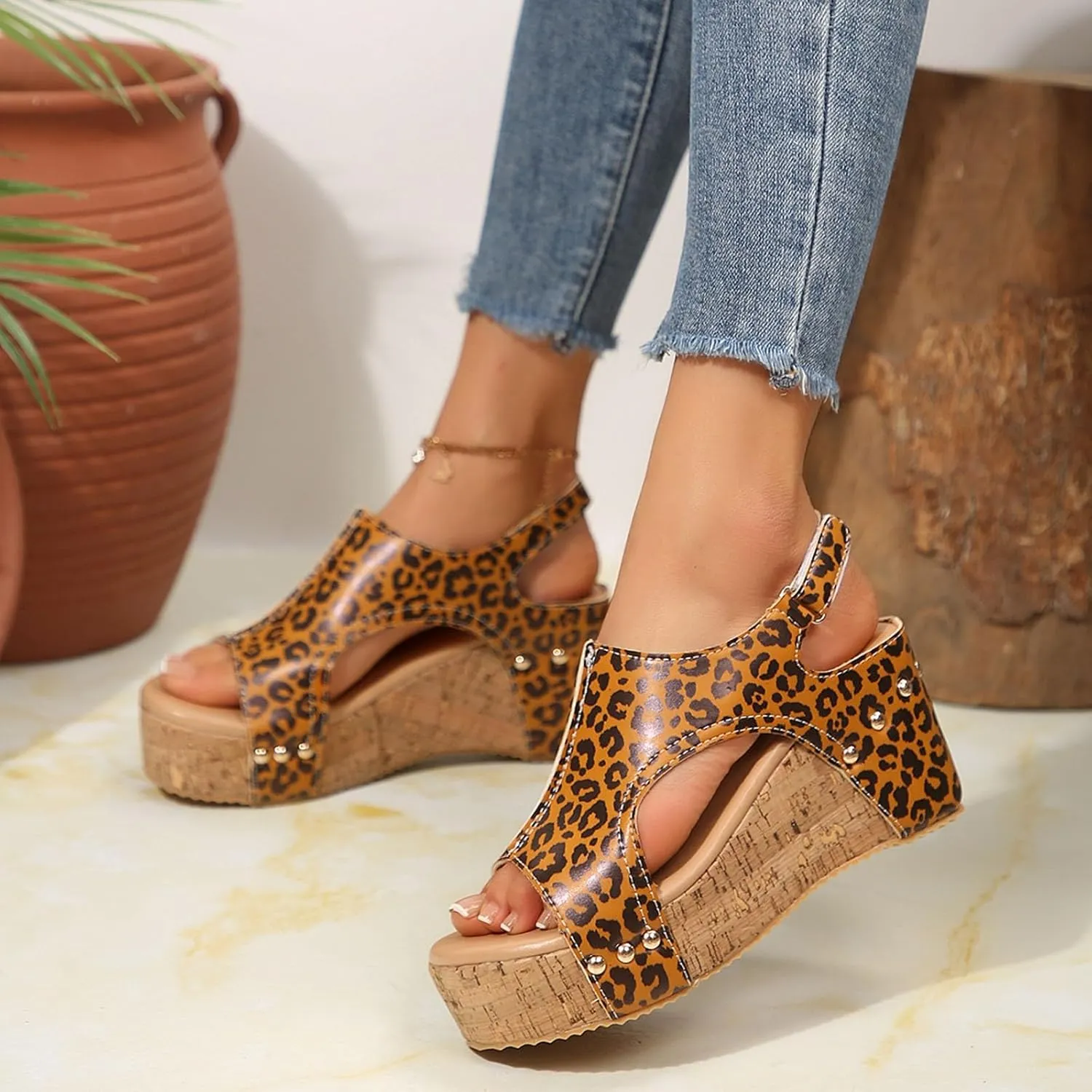 Sandals for Women 2025 Dressy Leopard Printed Wedge Sandal Women's Back Strap Open Toes Rivet Platform Wedges Heels