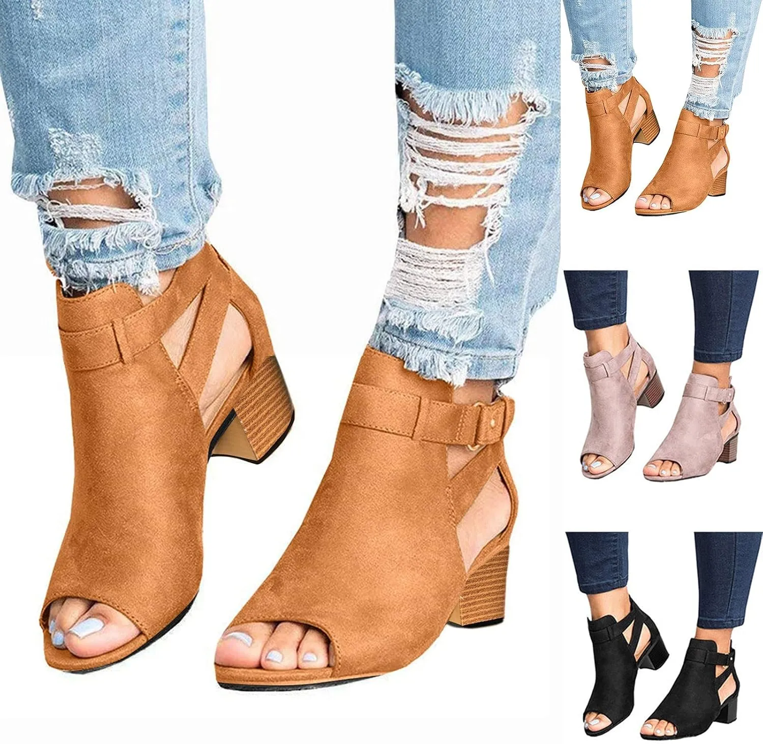 Sandals Women Fashion, Sandals for Women Suede Peep Toe Ankle Booties Cut Out Stacked Heel Ankle Boots