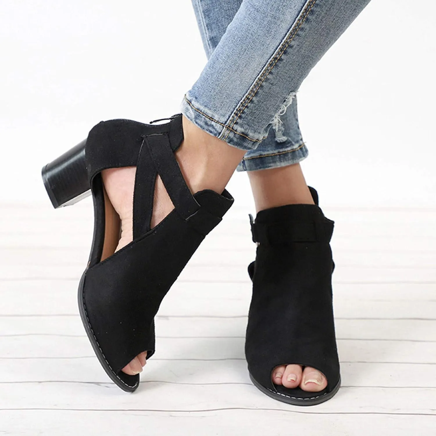 Sandals Women Fashion, Sandals for Women Suede Peep Toe Ankle Booties Cut Out Stacked Heel Ankle Boots