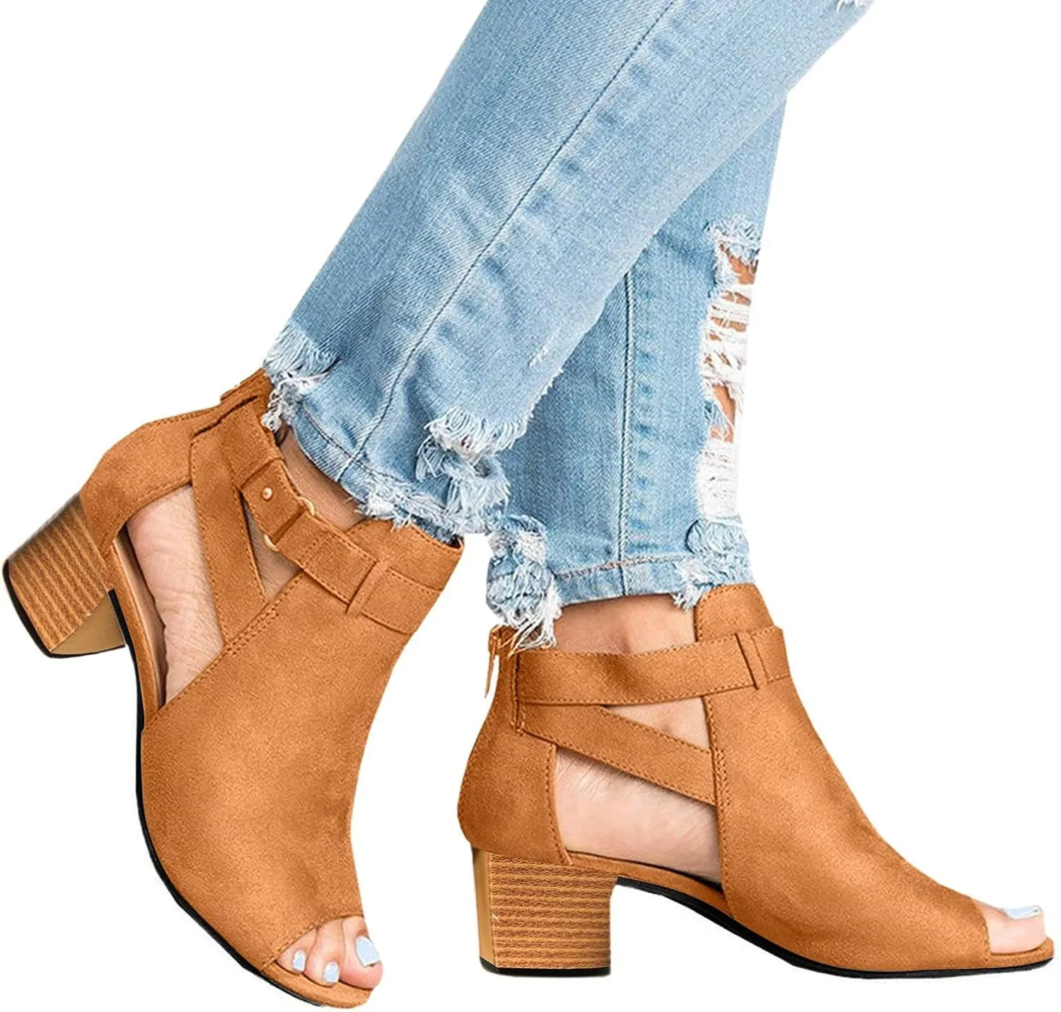 Sandals Women Fashion, Sandals for Women Suede Peep Toe Ankle Booties Cut Out Stacked Heel Ankle Boots
