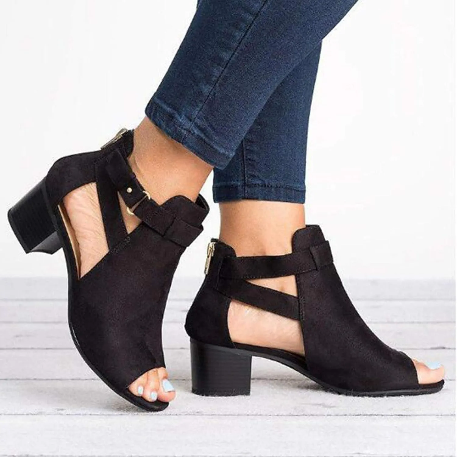 Sandals Women Fashion, Sandals for Women Suede Peep Toe Ankle Booties Cut Out Stacked Heel Ankle Boots