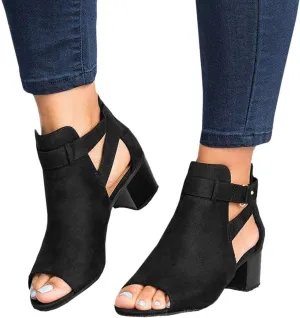 Sandals Women Fashion, Sandals for Women Suede Peep Toe Ankle Booties Cut Out Stacked Heel Ankle Boots