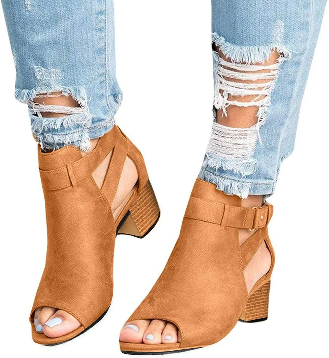 Sandals Women Fashion, Sandals for Women Suede Peep Toe Ankle Booties Cut Out Stacked Heel Ankle Boots