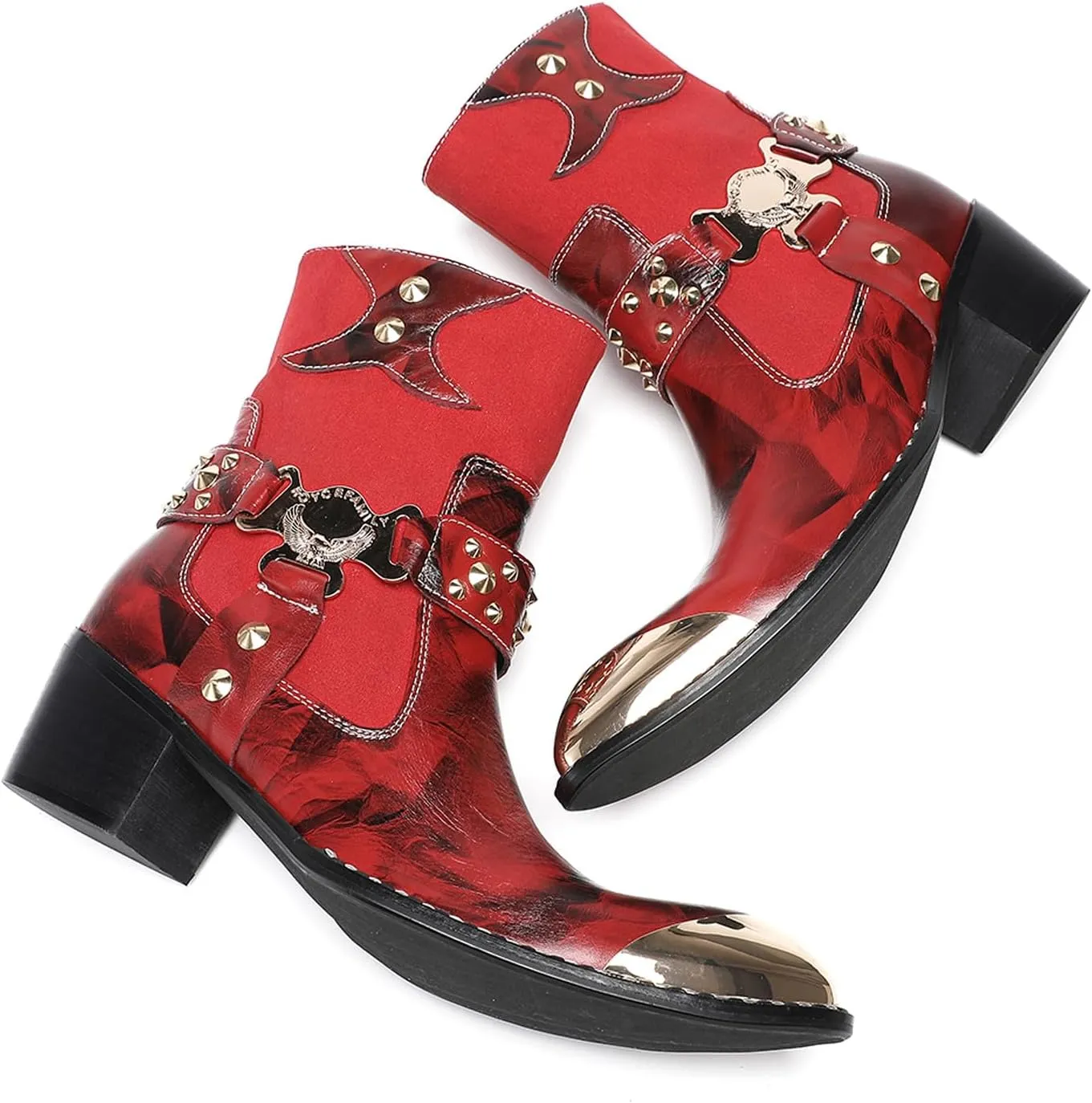 Santimon Men’s Western Studded Ankle Boots with Metal Toe Cap – Genuine Leather Punk Cowboy Boots with Skull Buckle, Side Zipper, Pointed Toe – Gothic Party Dress Boots for Stage & Bar
