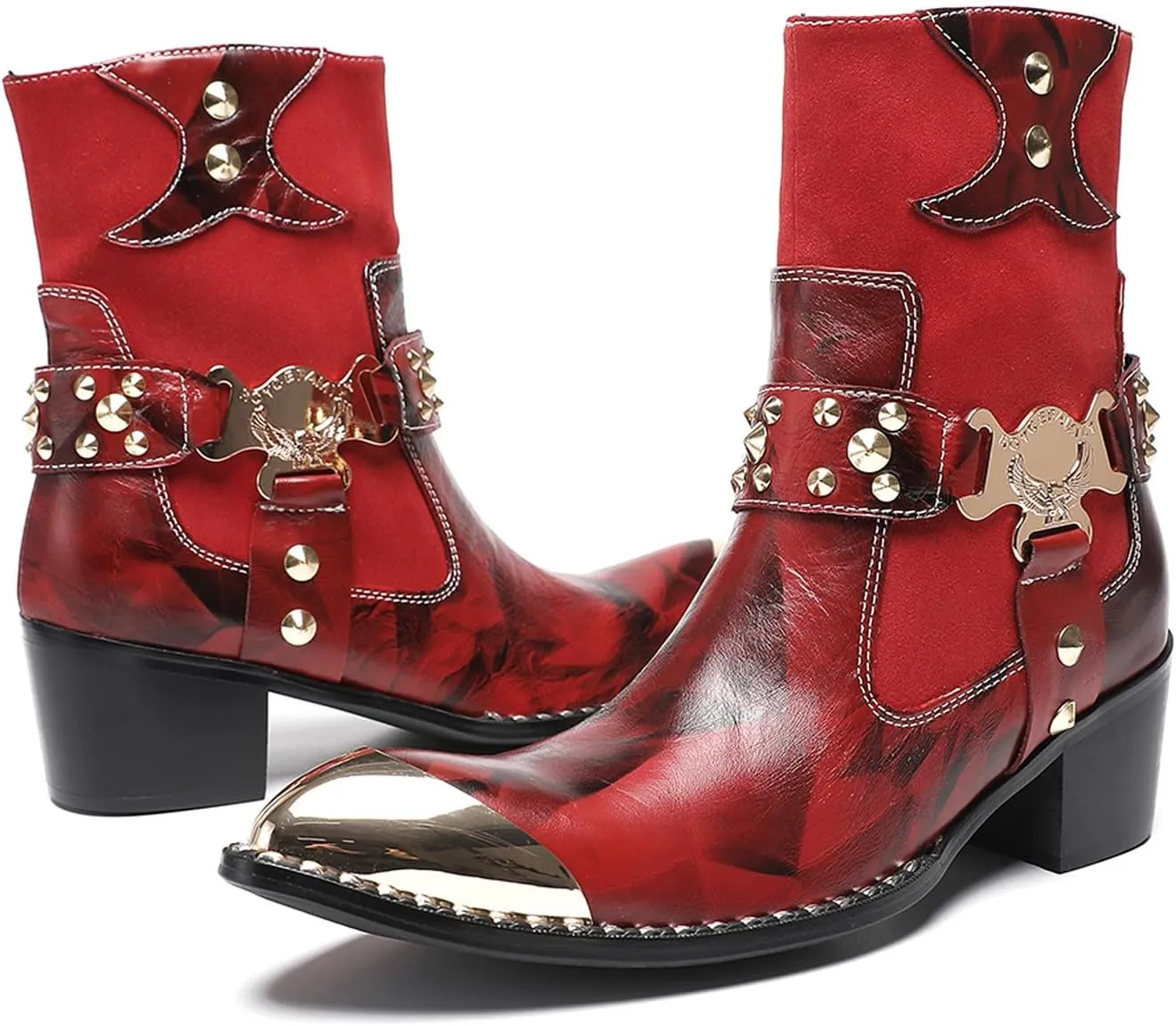 Santimon Men’s Western Studded Ankle Boots with Metal Toe Cap – Genuine Leather Punk Cowboy Boots with Skull Buckle, Side Zipper, Pointed Toe – Gothic Party Dress Boots for Stage & Bar