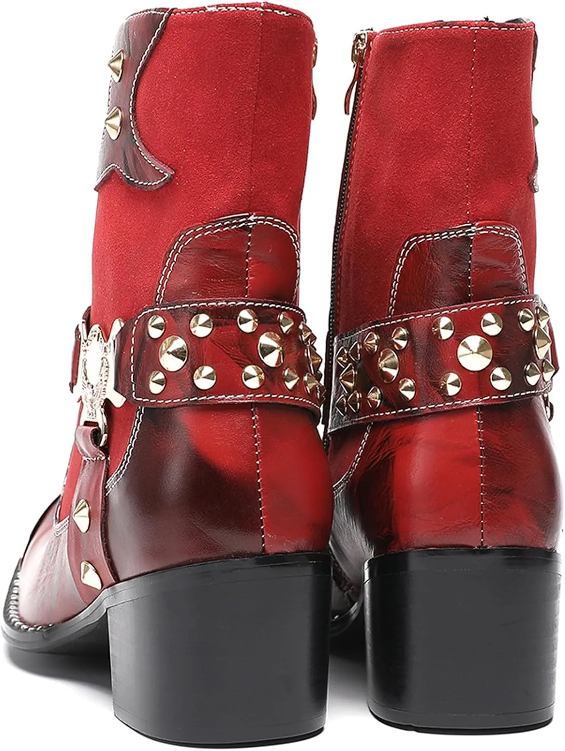 Santimon Men’s Western Studded Ankle Boots with Metal Toe Cap – Genuine Leather Punk Cowboy Boots with Skull Buckle, Side Zipper, Pointed Toe – Gothic Party Dress Boots for Stage & Bar