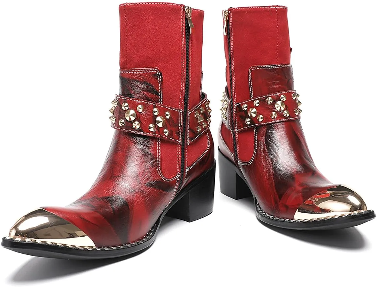 Santimon Men’s Western Studded Ankle Boots with Metal Toe Cap – Genuine Leather Punk Cowboy Boots with Skull Buckle, Side Zipper, Pointed Toe – Gothic Party Dress Boots for Stage & Bar