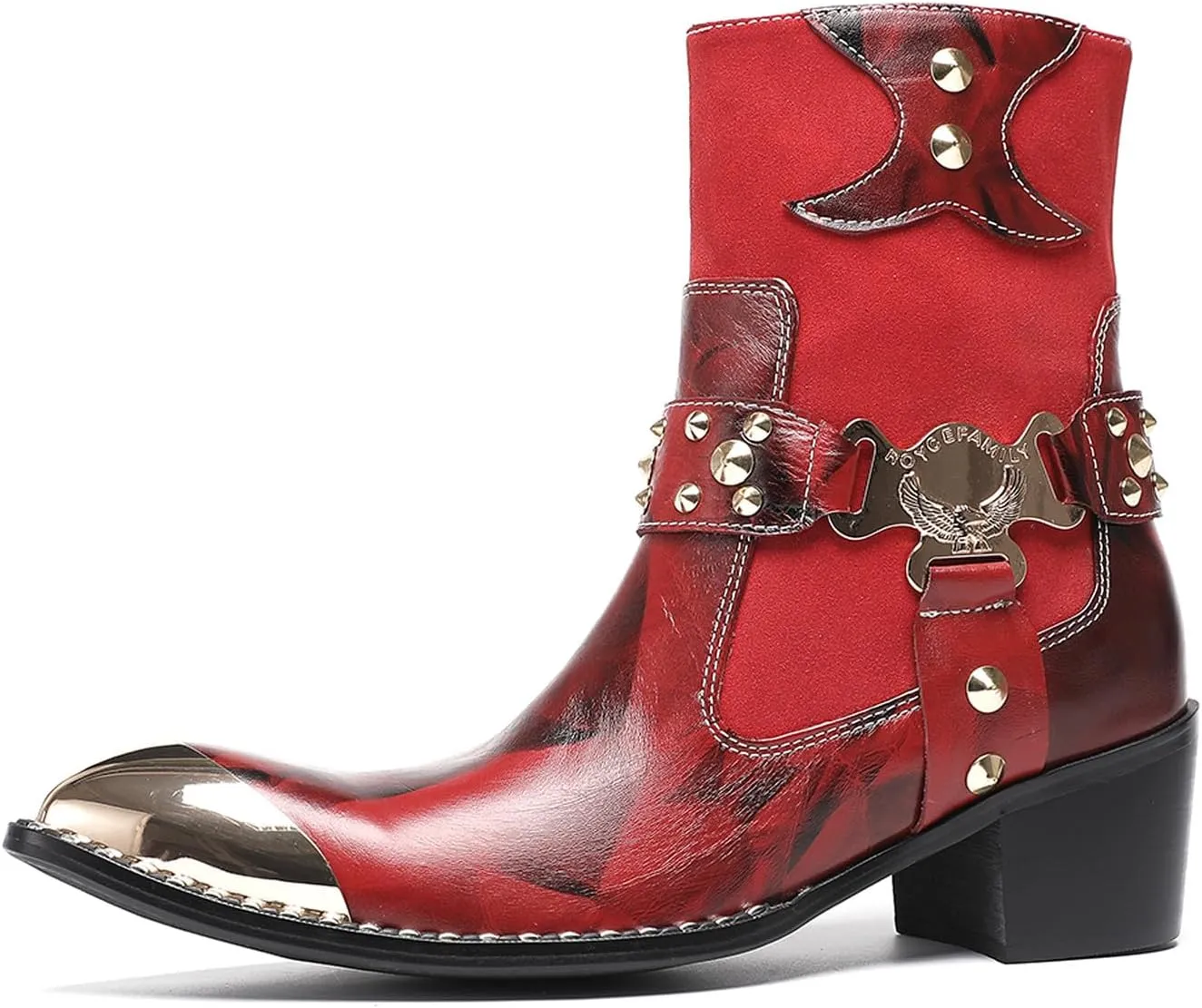Santimon Men’s Western Studded Ankle Boots with Metal Toe Cap – Genuine Leather Punk Cowboy Boots with Skull Buckle, Side Zipper, Pointed Toe – Gothic Party Dress Boots for Stage & Bar