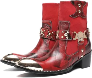 Santimon Men’s Western Studded Ankle Boots with Metal Toe Cap – Genuine Leather Punk Cowboy Boots with Skull Buckle, Side Zipper, Pointed Toe – Gothic Party Dress Boots for Stage & Bar