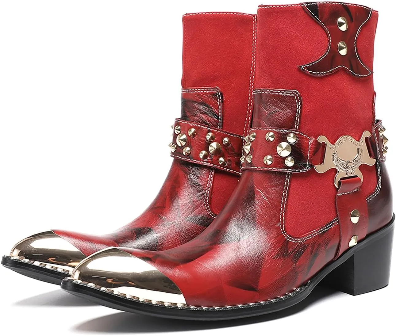 Santimon Men’s Western Studded Ankle Boots with Metal Toe Cap – Genuine Leather Punk Cowboy Boots with Skull Buckle, Side Zipper, Pointed Toe – Gothic Party Dress Boots for Stage & Bar