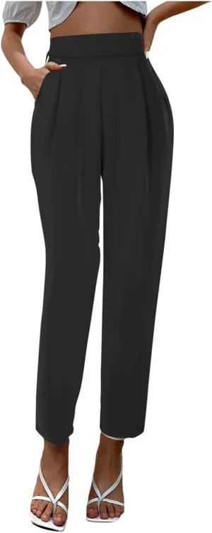 Satin Pants for Women High Waisted Pants Casual Loose Fitting Slacks with Imitation Silk Pockets Stretchy Trousers