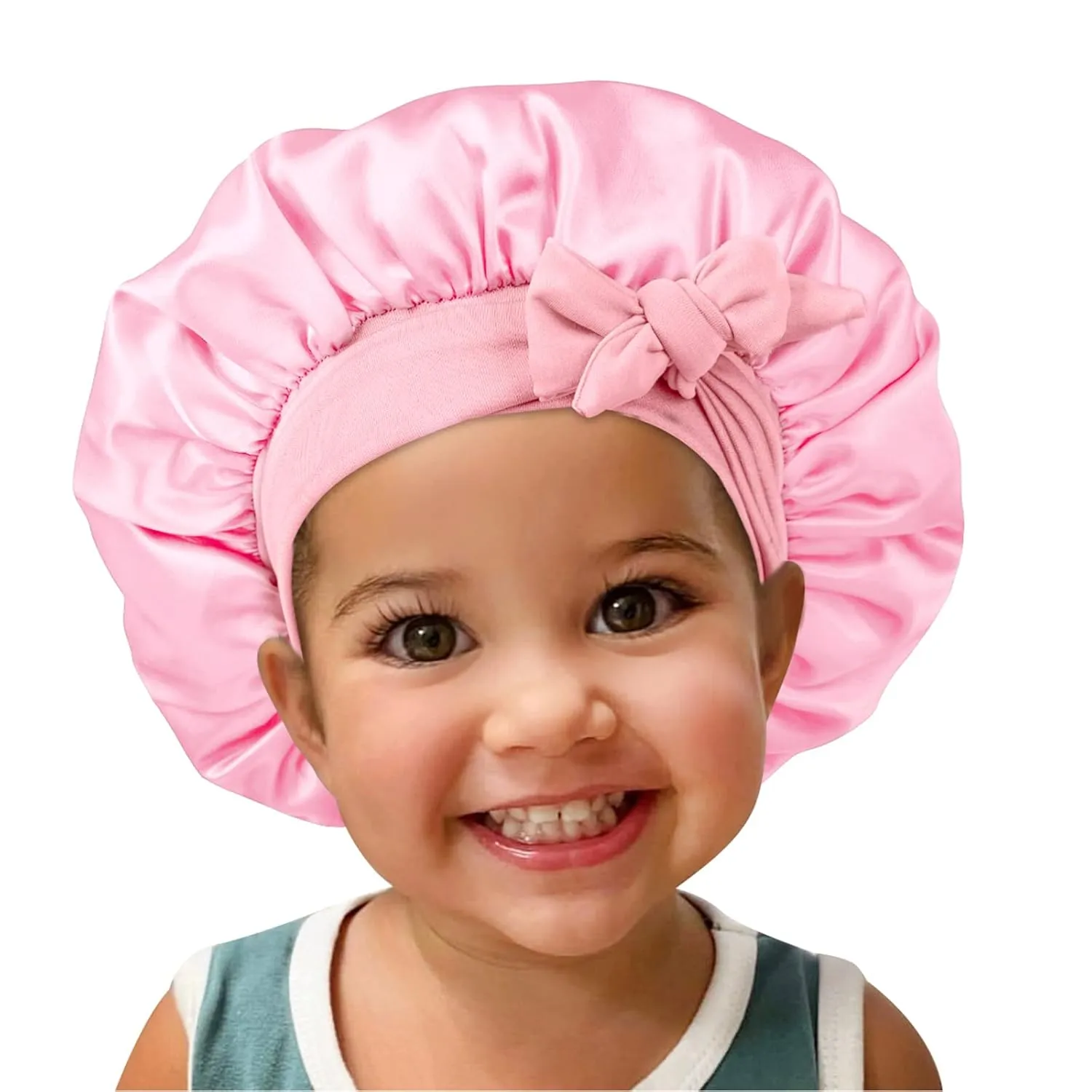 Satin Silk Bonnet Hair Cap: 2pcs Bonnets For Kids with Elastic Tie Band Adjustable Straps for Sleeping Sleep Comfortable - Stretchy Tie Band Hair Bonnets No Slip-Off (Black Pink-K)