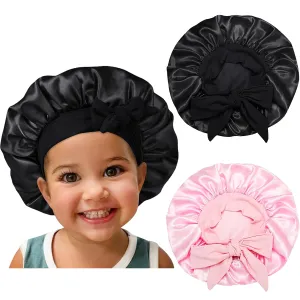 Satin Silk Bonnet Hair Cap: 2pcs Bonnets For Kids with Elastic Tie Band Adjustable Straps for Sleeping Sleep Comfortable - Stretchy Tie Band Hair Bonnets No Slip-Off (Black Pink-K)