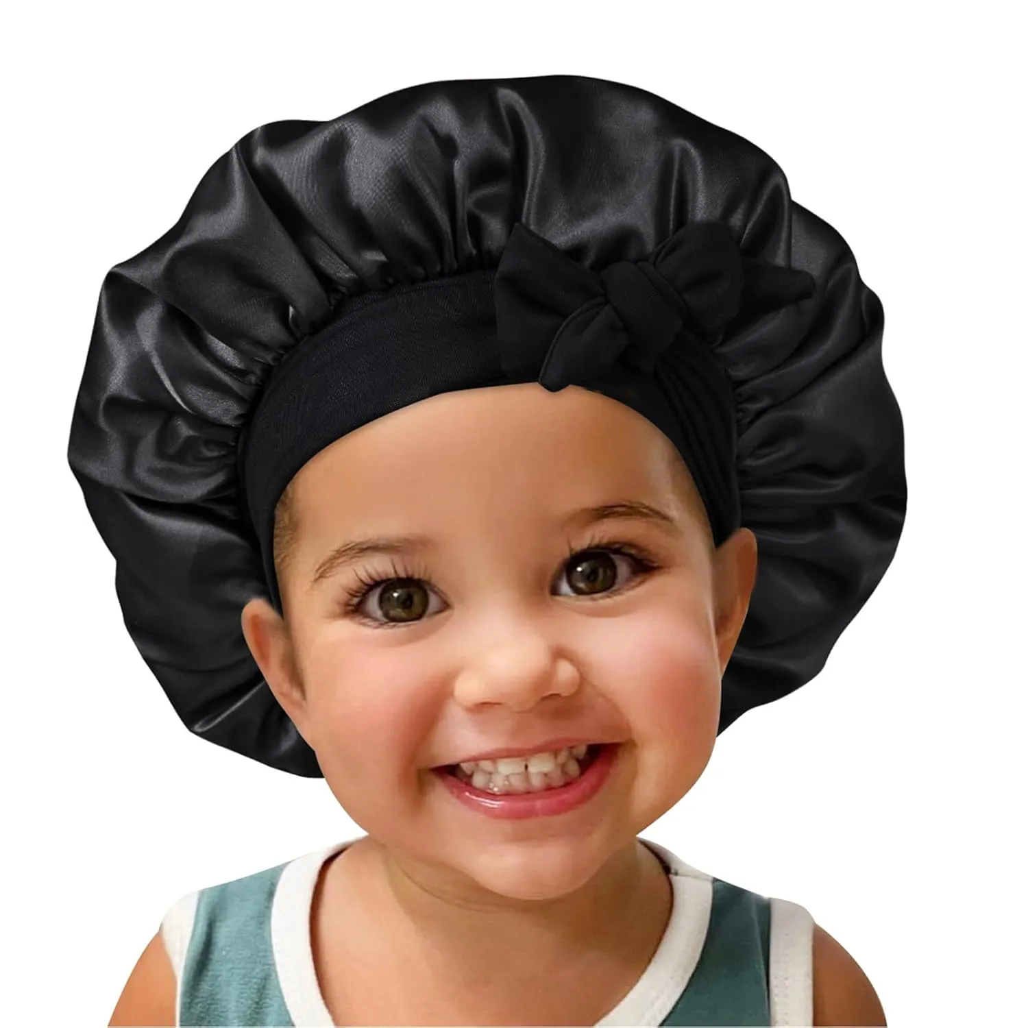 Satin Silk Bonnet Hair Cap: 2pcs Bonnets For Kids with Elastic Tie Band Adjustable Straps for Sleeping Sleep Comfortable - Stretchy Tie Band Hair Bonnets No Slip-Off (Black Pink-K)