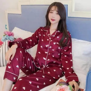 Satin Women's Pajamas Set Long-Sleeved Underwear and Home wear Navy Blue C 5XL