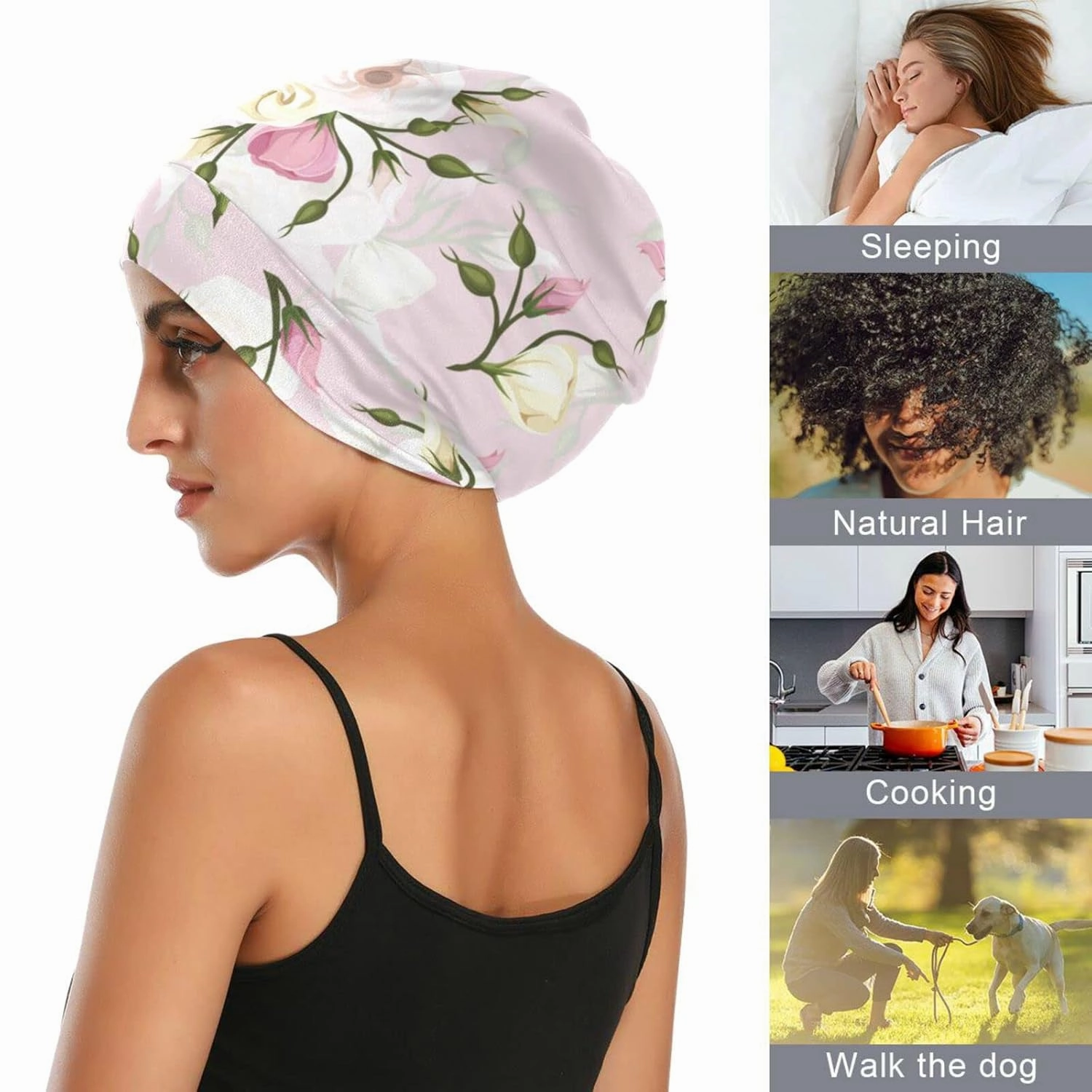 Satin Bonnet Lined Sleep Cap Hair Wrap Cover Slouchy Beanie for Curly Hair Protection for Gifts for Men Women Pink Floral