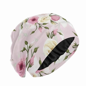 Satin Bonnet Lined Sleep Cap Hair Wrap Cover Slouchy Beanie for Curly Hair Protection for Gifts for Men Women Pink Floral