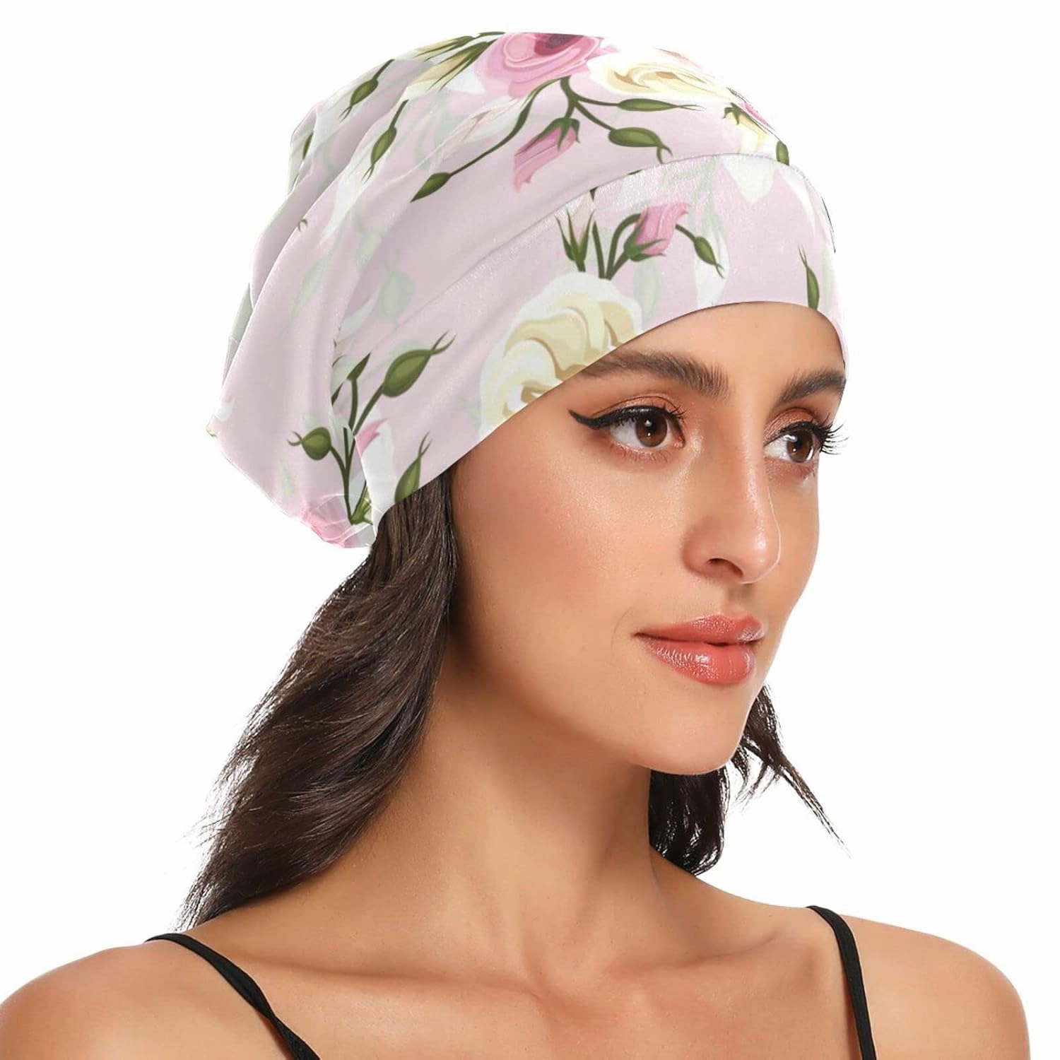 Satin Bonnet Lined Sleep Cap Hair Wrap Cover Slouchy Beanie for Curly Hair Protection for Gifts for Men Women Pink Floral