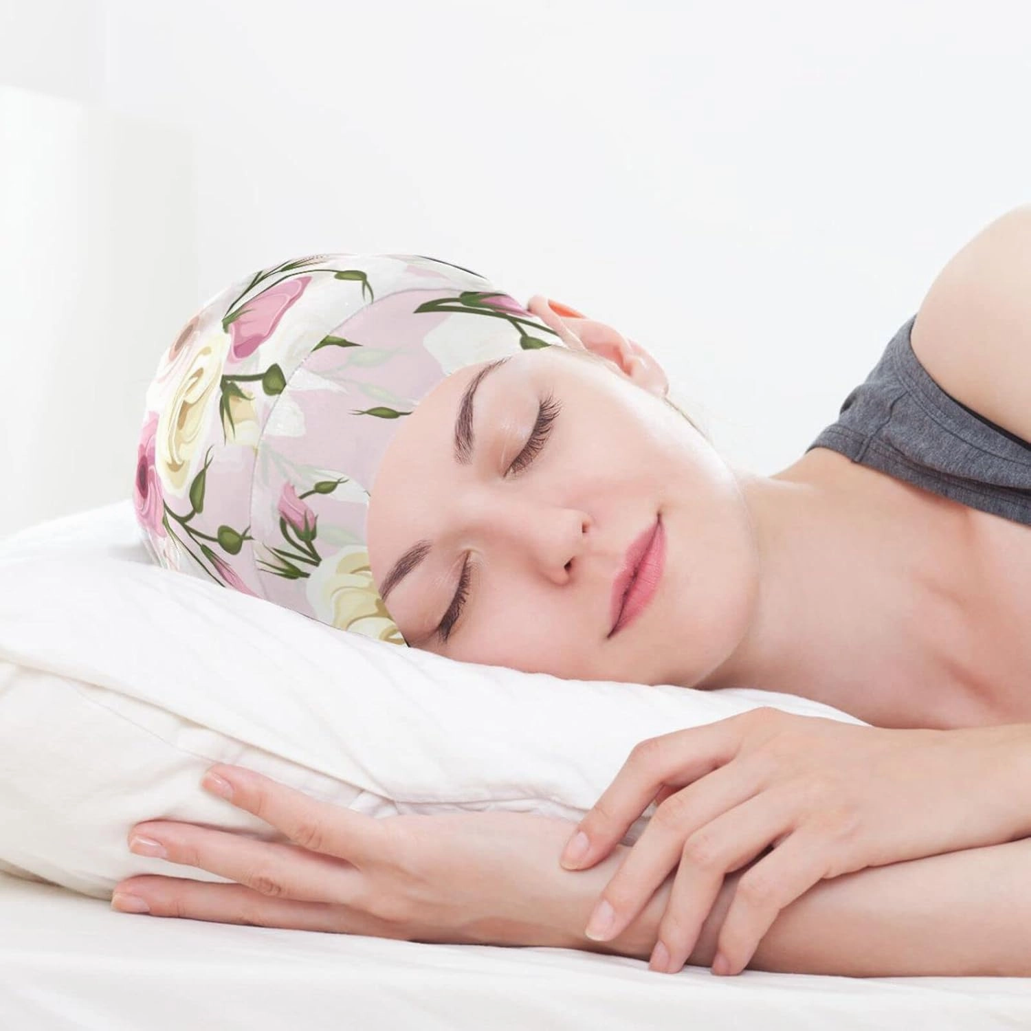 Satin Bonnet Lined Sleep Cap Hair Wrap Cover Slouchy Beanie for Curly Hair Protection for Gifts for Men Women Pink Floral
