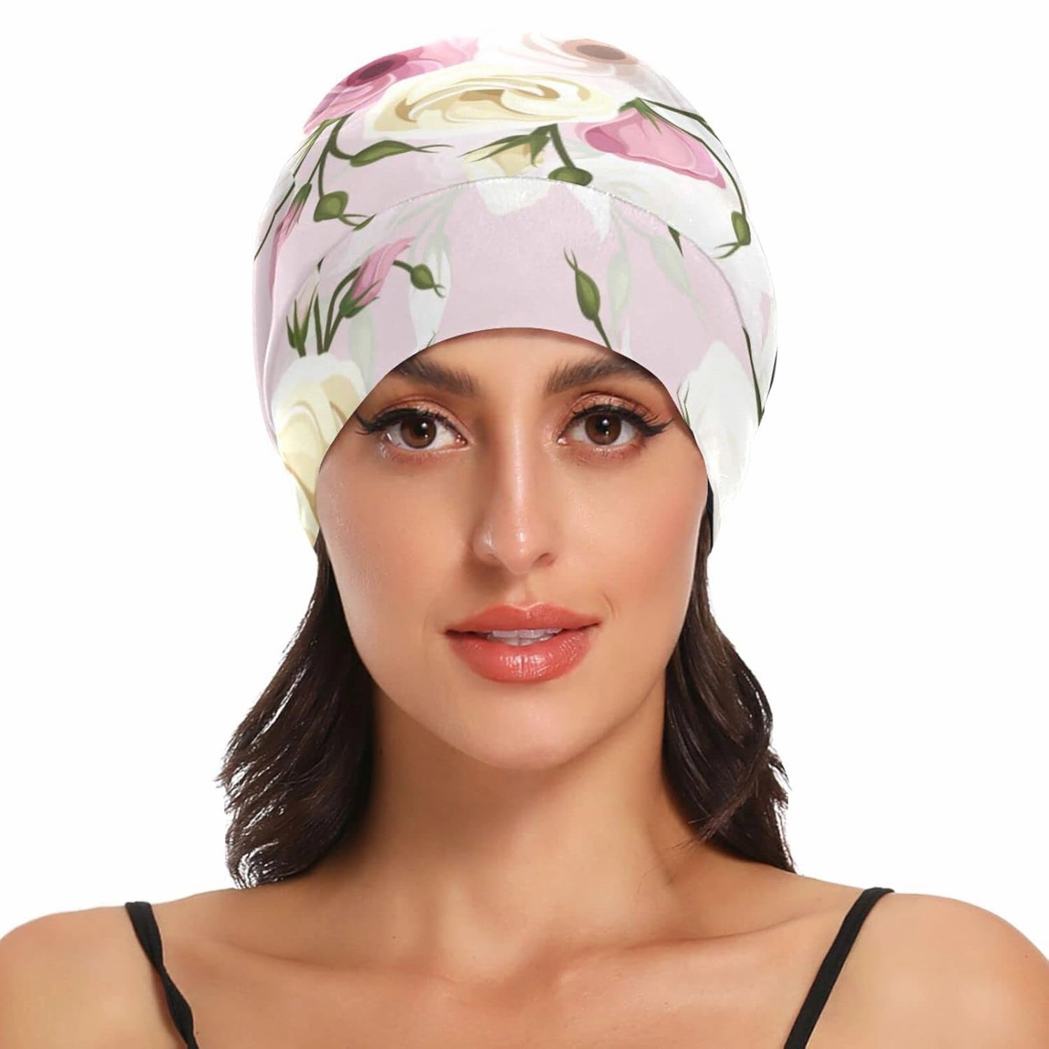 Satin Bonnet Lined Sleep Cap Hair Wrap Cover Slouchy Beanie for Curly Hair Protection for Gifts for Men Women Pink Floral