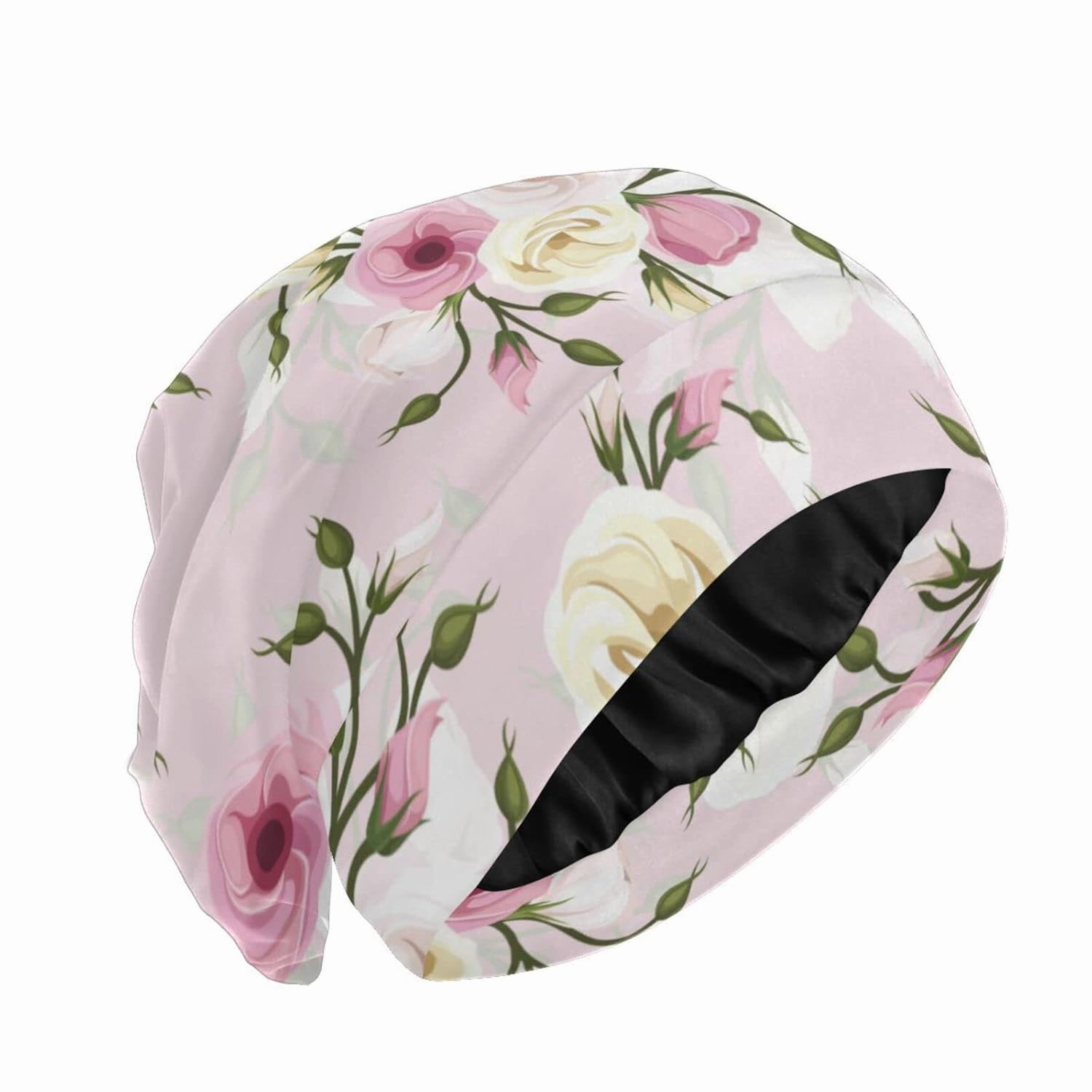 Satin Bonnet Lined Sleep Cap Hair Wrap Cover Slouchy Beanie for Curly Hair Protection for Gifts for Men Women Pink Floral