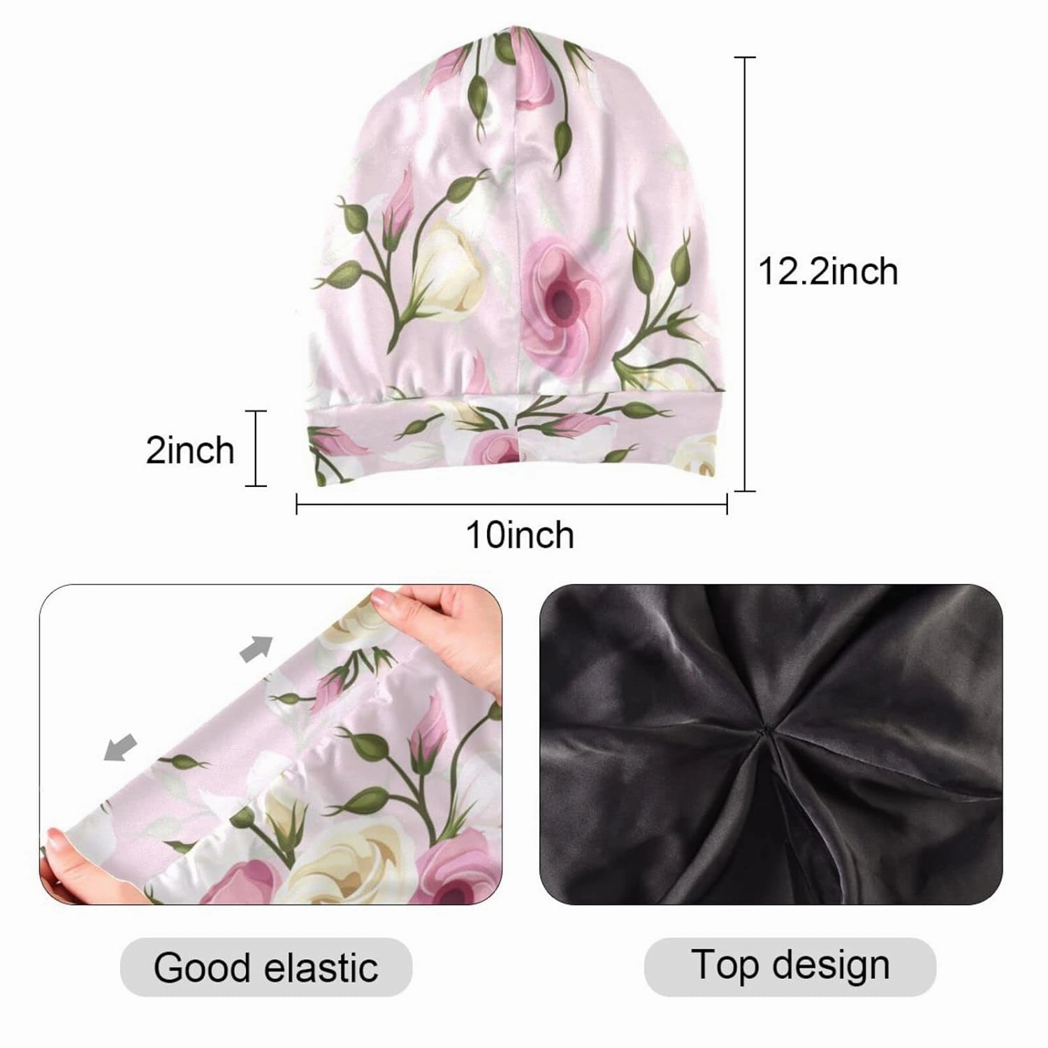 Satin Bonnet Lined Sleep Cap Hair Wrap Cover Slouchy Beanie for Curly Hair Protection for Gifts for Men Women Pink Floral