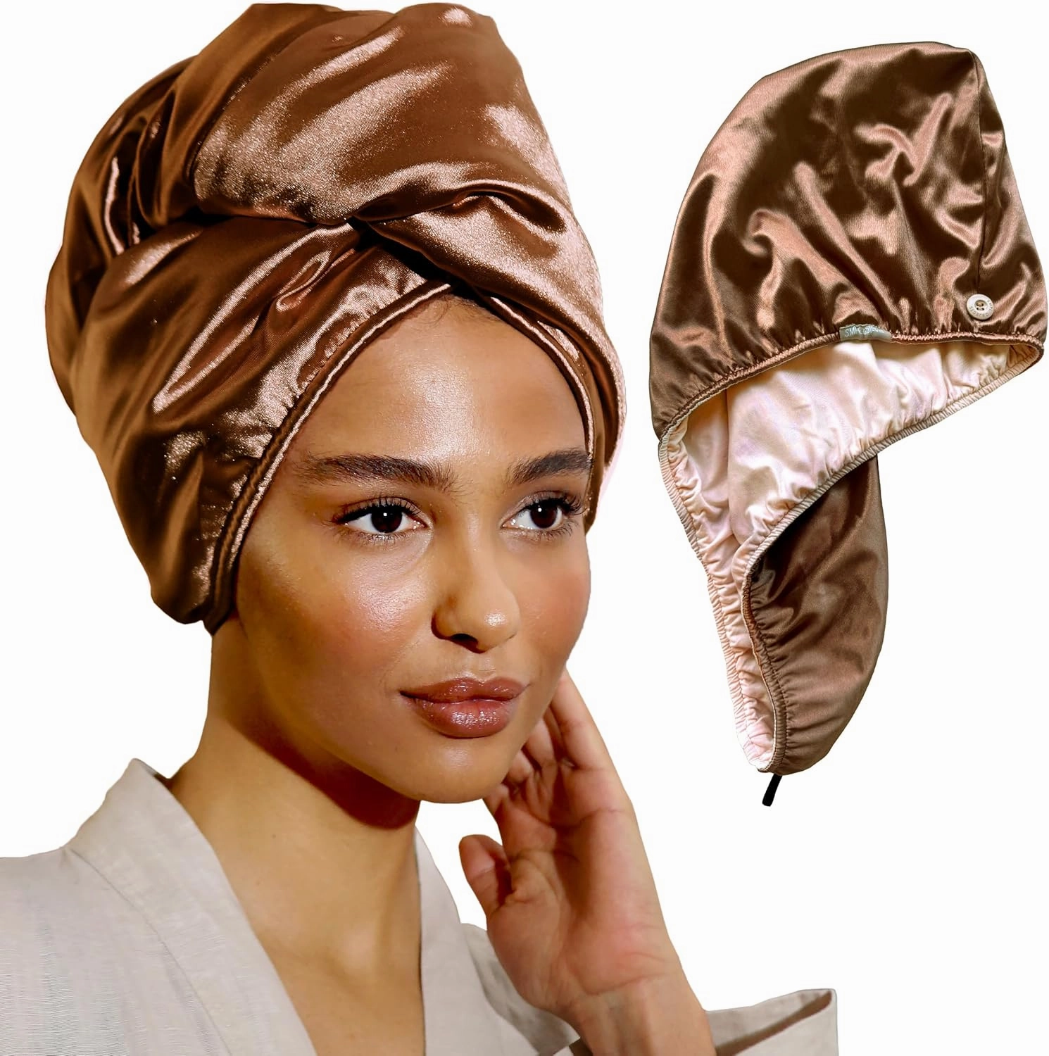 Satin Hair Wrap Towel, Double Layer Curly Hair Turban Towel for Women - Satin Hair Drying Towel for Curly Hair (Pink - Bronze)…
