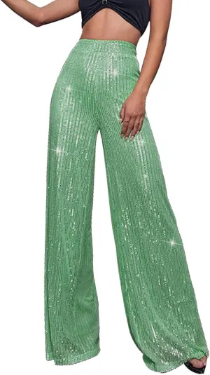 Sequin Pants for Women High Waisted Wide Leg Sparkly Pants Elastic Casual Loose Party Clubwear Bling Glitter Trousers