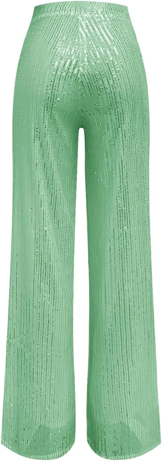 Sequin Pants for Women High Waisted Wide Leg Sparkly Pants Elastic Casual Loose Party Clubwear Bling Glitter Trousers